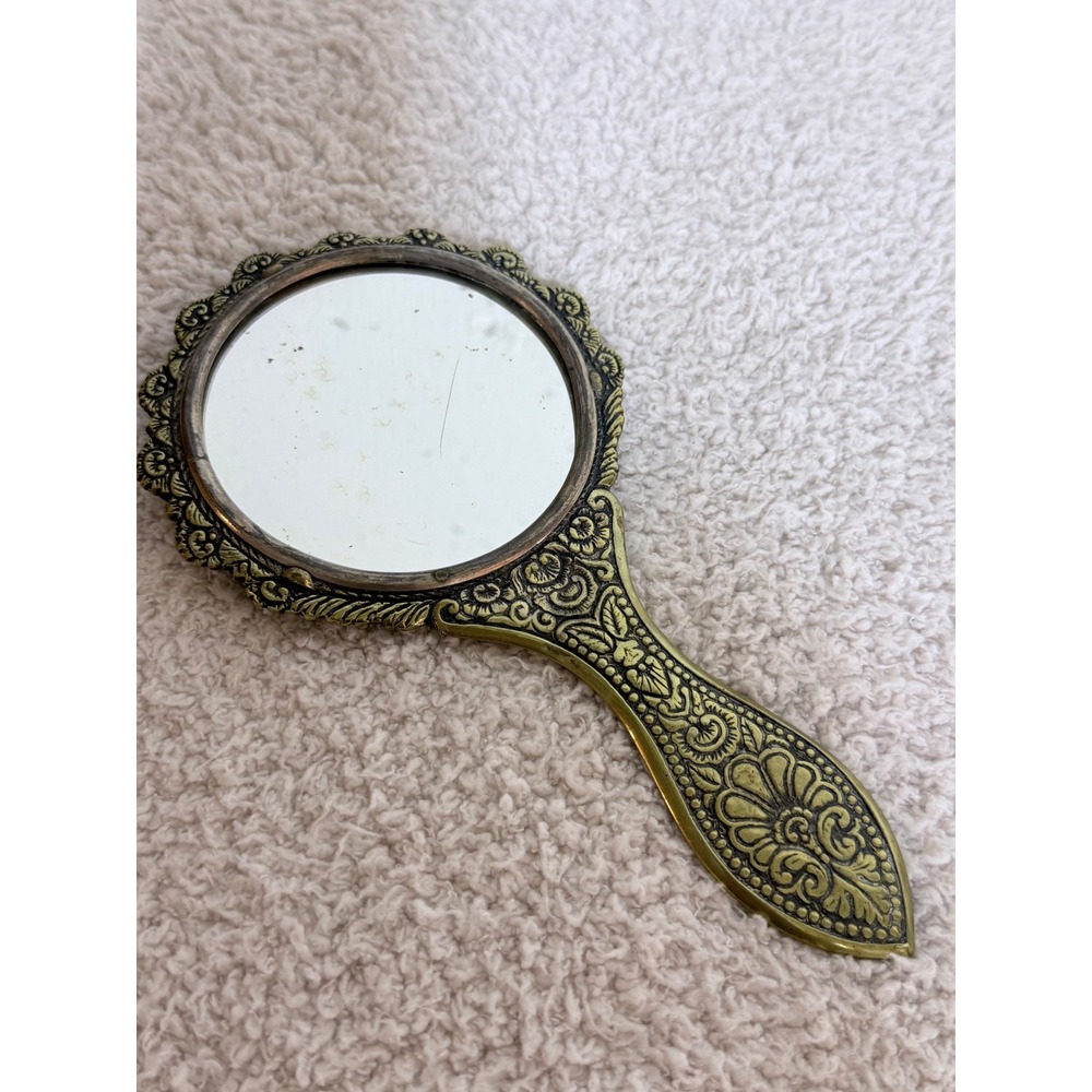 Vintage Ornate Brass Hand Mirror Victorian Style Floral Scrollwork Fan Design